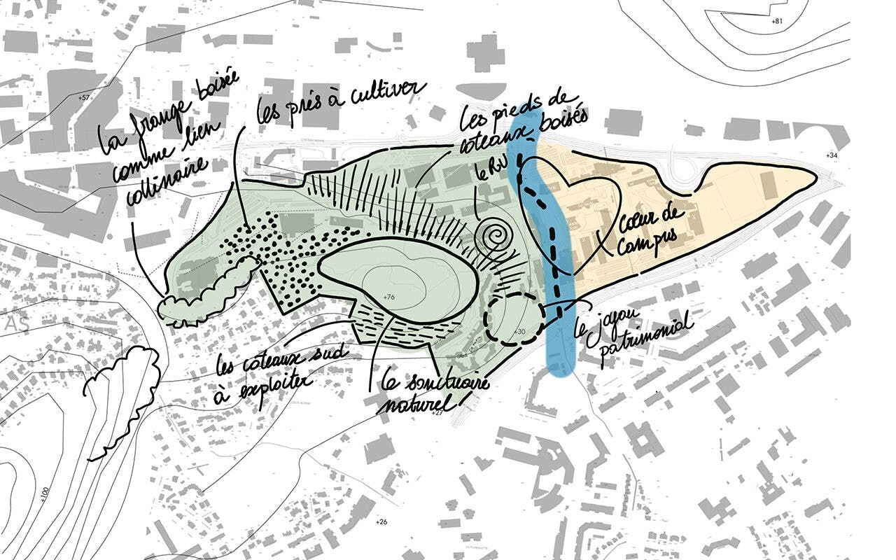 Carte sensible de diagnostic paysager du site de la Colline Saint-Michel, sur le Campus de la Garde de l’Université de Toulon, établie suite aux visites du site
et aux échanges avec les « habitants » du Campus.